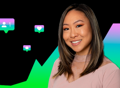 Close up of Jellysmack Director of Creator Success, Erica Hsu, against a back background with a rainbow graph gradient and engagement icons