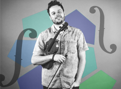 black-and-white portrait of violinist Rob Landes holding a holdin. Blue and green shapes in the background. of