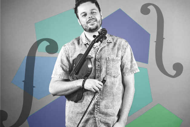 black-and-white portrait of violinist Rob Landes holding a holdin. Blue and green shapes in the background. of