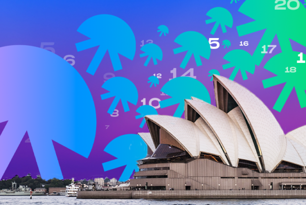 Sydney Opera House against a Jellysmack rainbow gradient and Jellysmck jellyfish icons