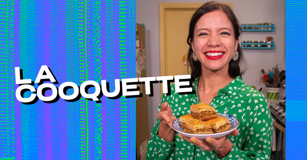 Latin American Creator La Cooquette holds up a plate of baked goods with a smile against a blue background, text overlay