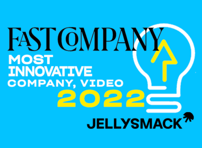 Fast Company Logo coupled with "Most Innovative Company, Video, 2022" on blue background with lightbulb visual