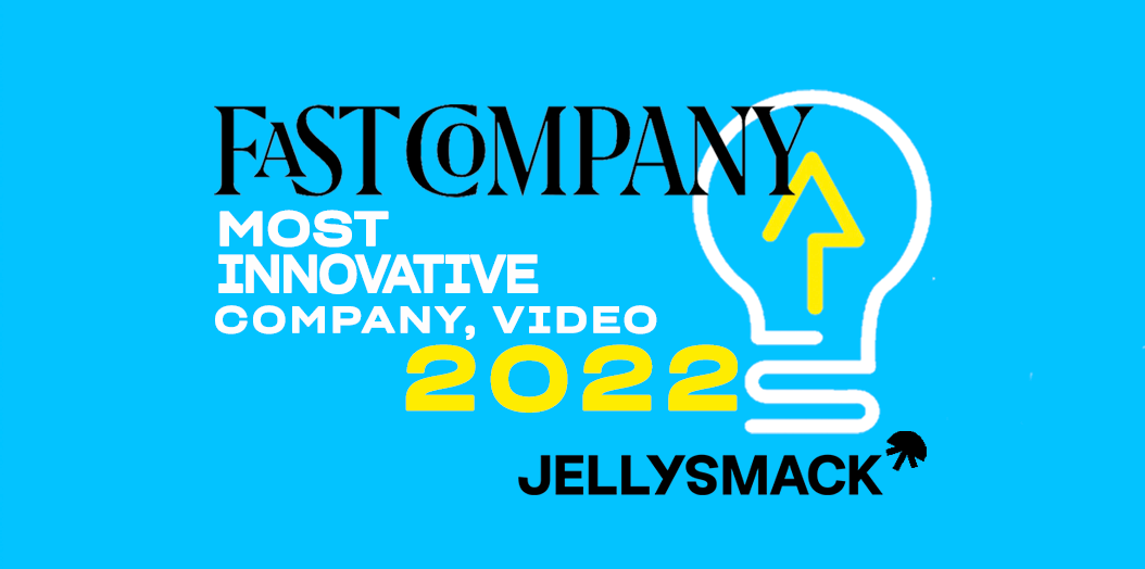 Fast Company Logo coupled with "Most Innovative Company, Video, 2022" on blue background with lightbulb visual