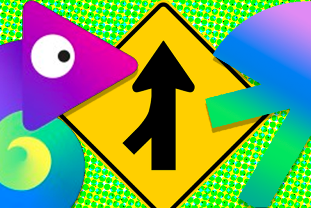 colorful Kamua lizard logo and Jellysmack's Jellyfish logo over a merge traffic sign to symbolize acquisition