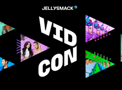 Jellysmack creators in triangle shapes on a black background with the VidCon and Jellysmack logos