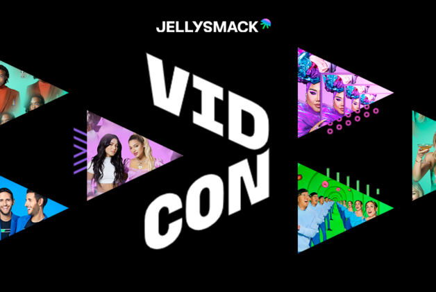 Jellysmack creators in triangle shapes on a black background with the VidCon and Jellysmack logos