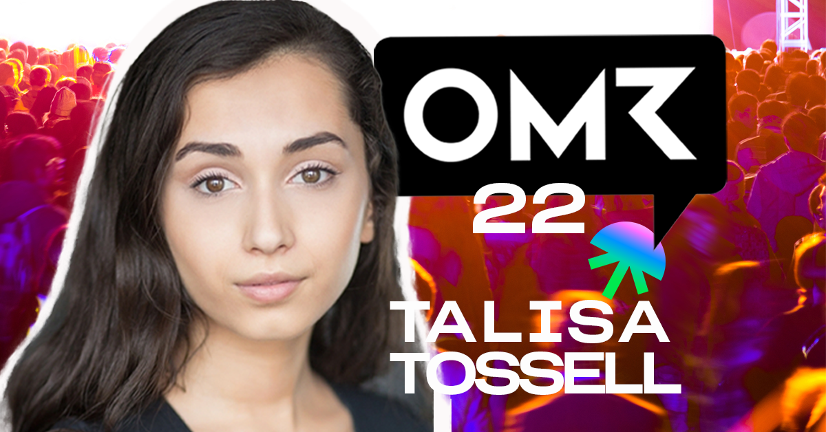 Talissa Tossell against a background image of a crowd and overlaid with the OMR and Jellysmack logos