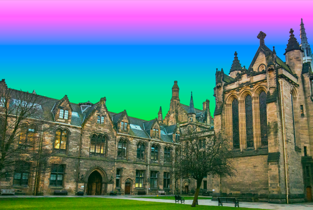 A historic university building with bright colored gradient background
