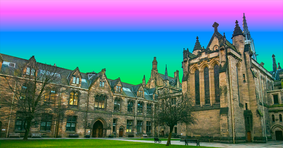 A historic university building with bright colored gradient background.
