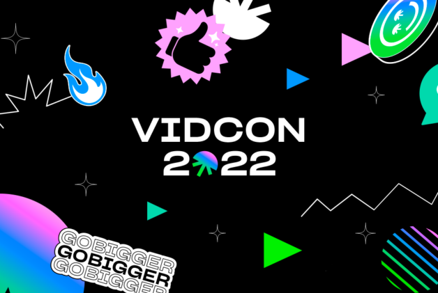 VidCon 2022 text on black background with rainbow gradient graphics.