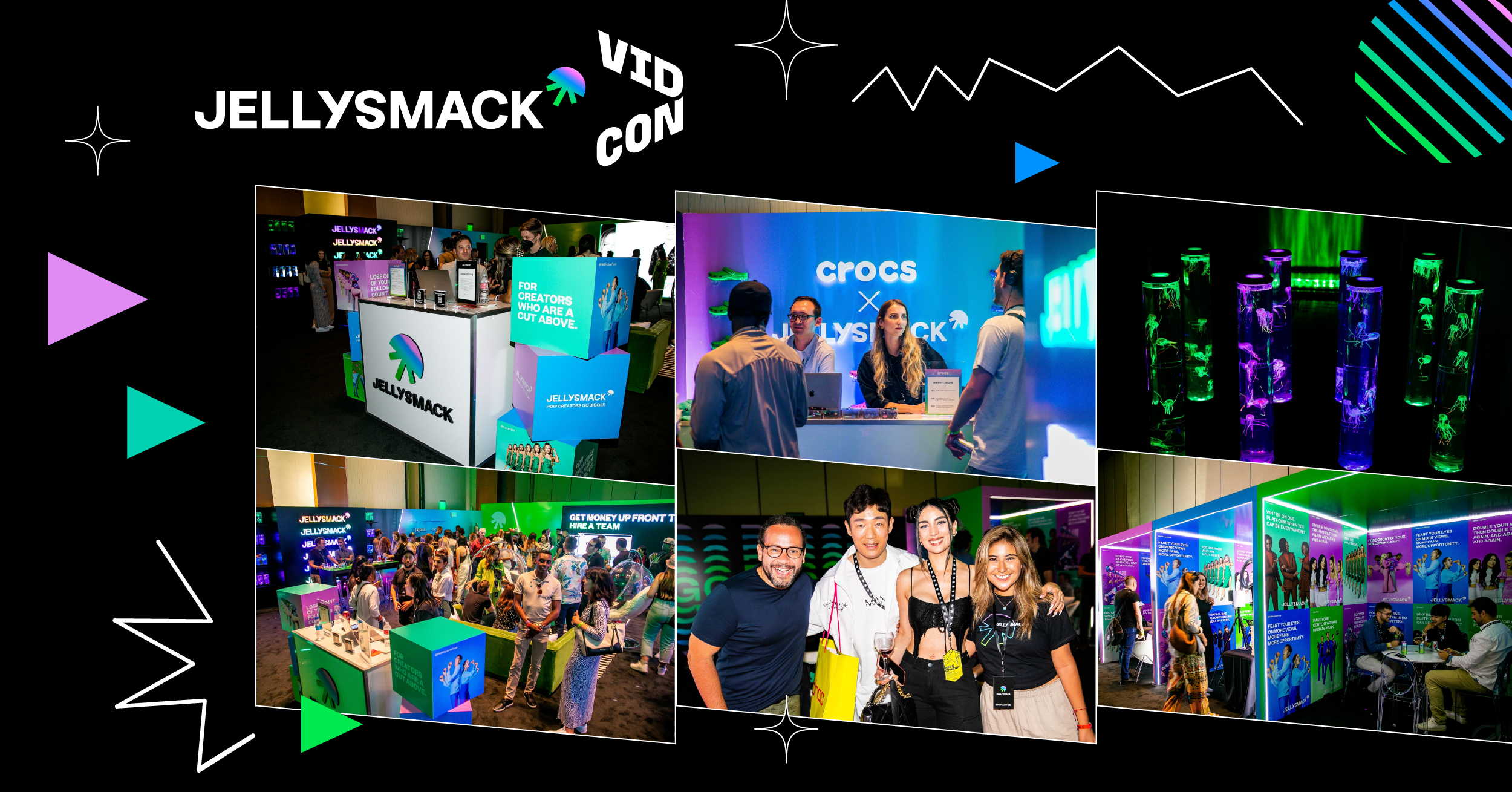 Collage of images of Jellysmack featured Creator Lounge with colorful graphics and Jellysmack and VidCon logos