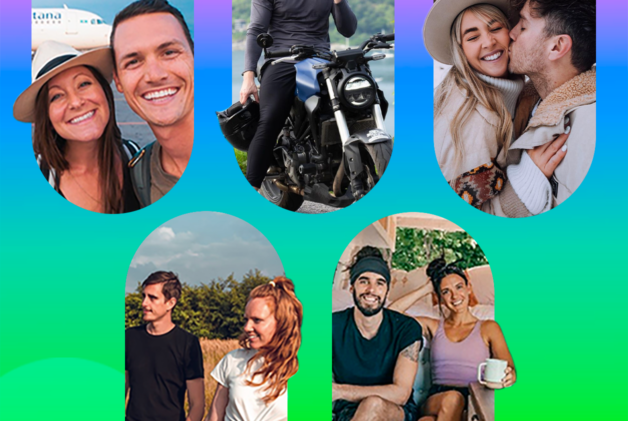 Graphic image of 5 travel vloggers with a bright color gradient background
