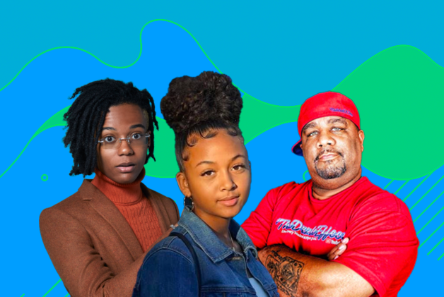 Three black content creators on blue and green graphic background.