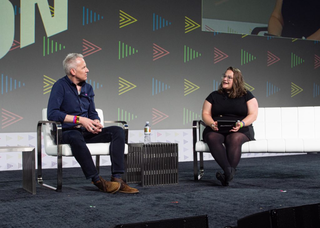 Jellysmack President Sean Atkins and TechCrunch reporter Amanda Silberling at their VidCon fireside chat