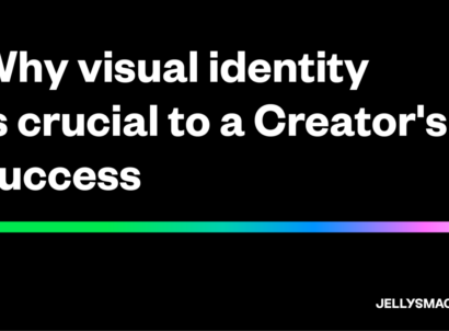 Why visual identity is crucial to a creator's success in black background with rainbow gradient underline.