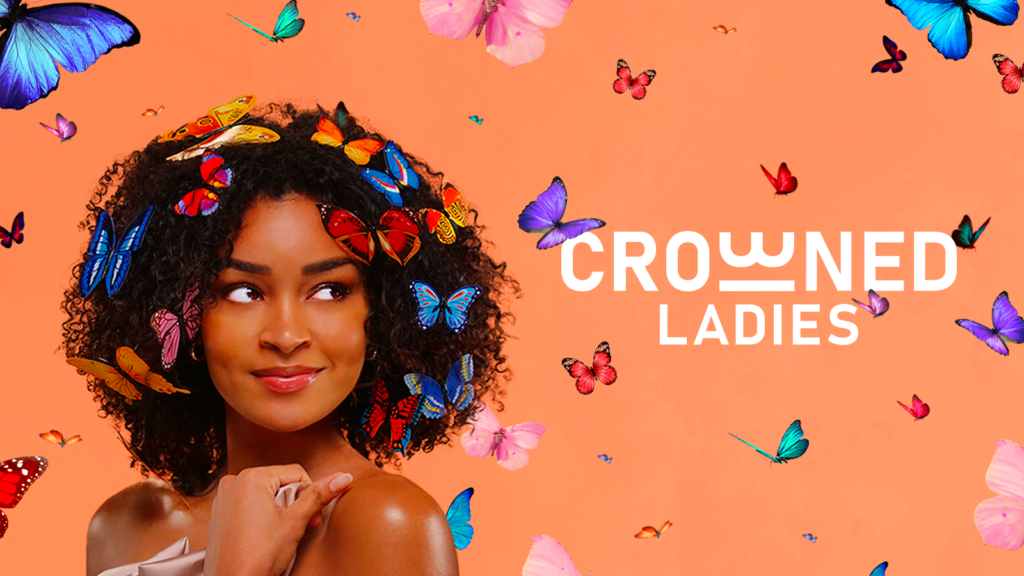 Black woman with butterflies in hair on orange background with Pinterest show and Jellysmack Original Channel name Crowned Ladies