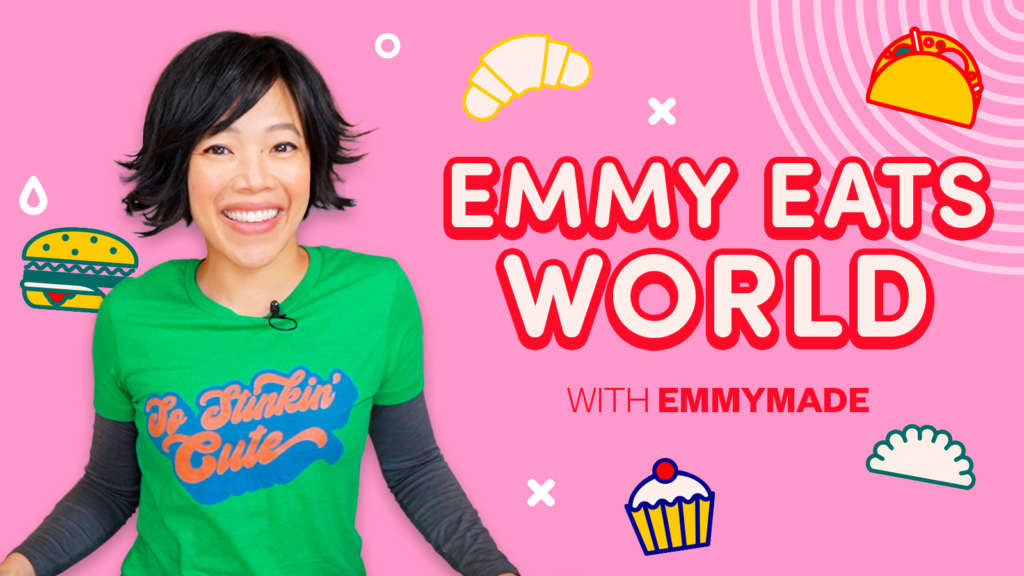 Food creator Emmymade on pink background with fun food graphics and Pinterest show title Emmy Eats World