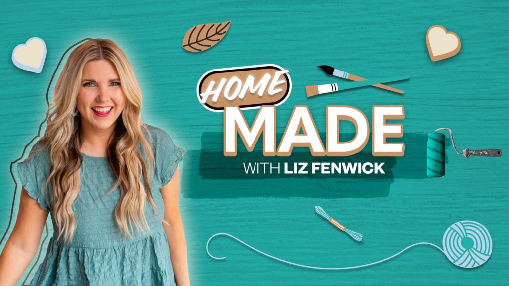 DIY creator Liz Fenwick on teal background with craft, paint, and yarn graphics and Pinterest show name Home Made with Liz Fenwick