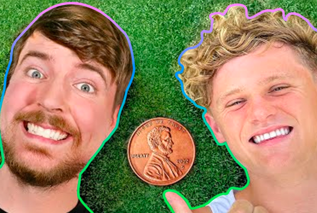Close up of YouTube creators Ryan Trahan and MrBeast smiling while Trahan points to a penny