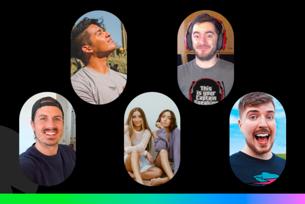 Black background with rainbow border and images of creators MrBallen, MrBeast, Juixxe, CaptainSparklez, and Brooklyn and Bailey
