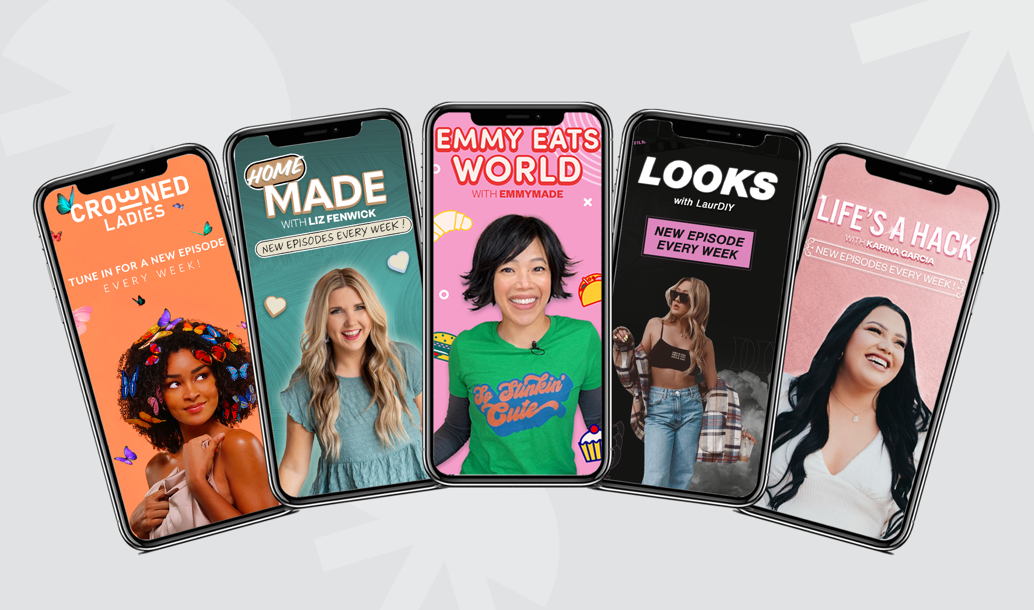 IPhones featuring new Pinterest series for creators Liz Fenwick, Emmymade, LaurDIY, Karina Garcia, and Crowned Ladies