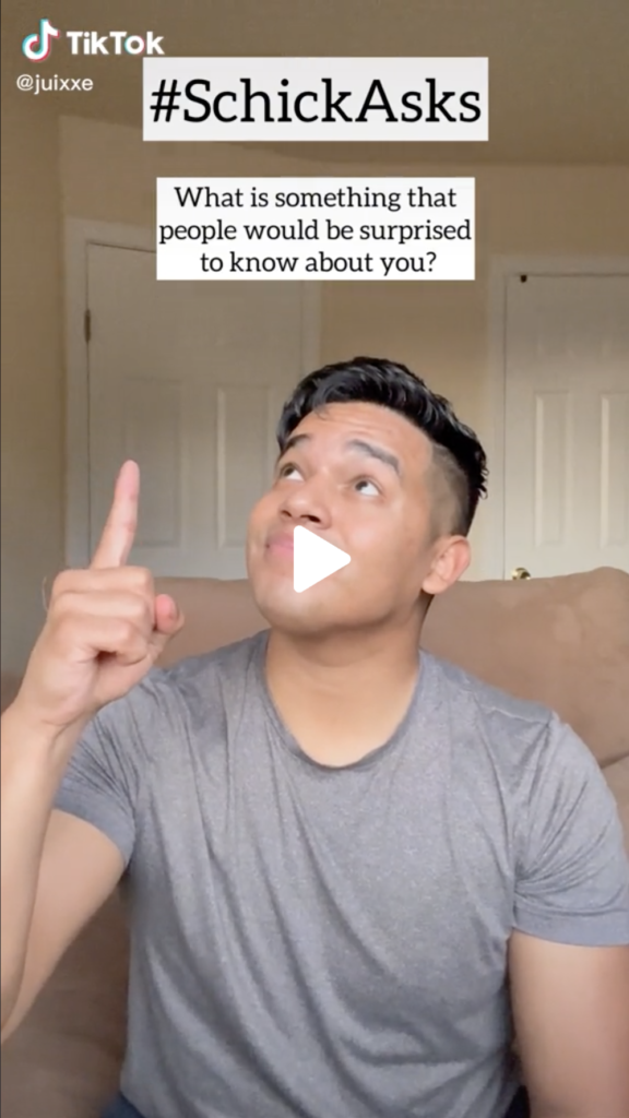 TIkTok creator Juxxie points up to the fan question, what is something that people would be surprised to know about you?