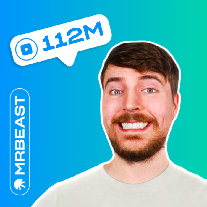 Creator MrBeast smiling on a blue and green background with 112M