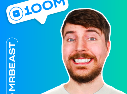 Portrait of YouTube creator MrBeast smiling on a blue and green gradient background with 100M text