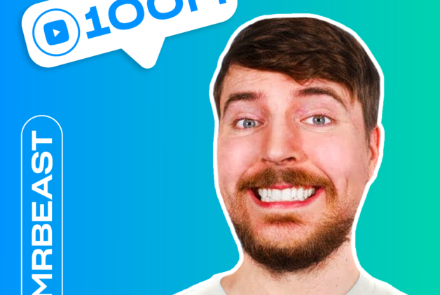 Portrait of YouTube creator MrBeast smiling on a blue and green gradient background with 100M text