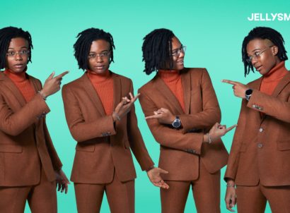 Creator DAngelo Wallace repeated four times pointing to each other on teal background