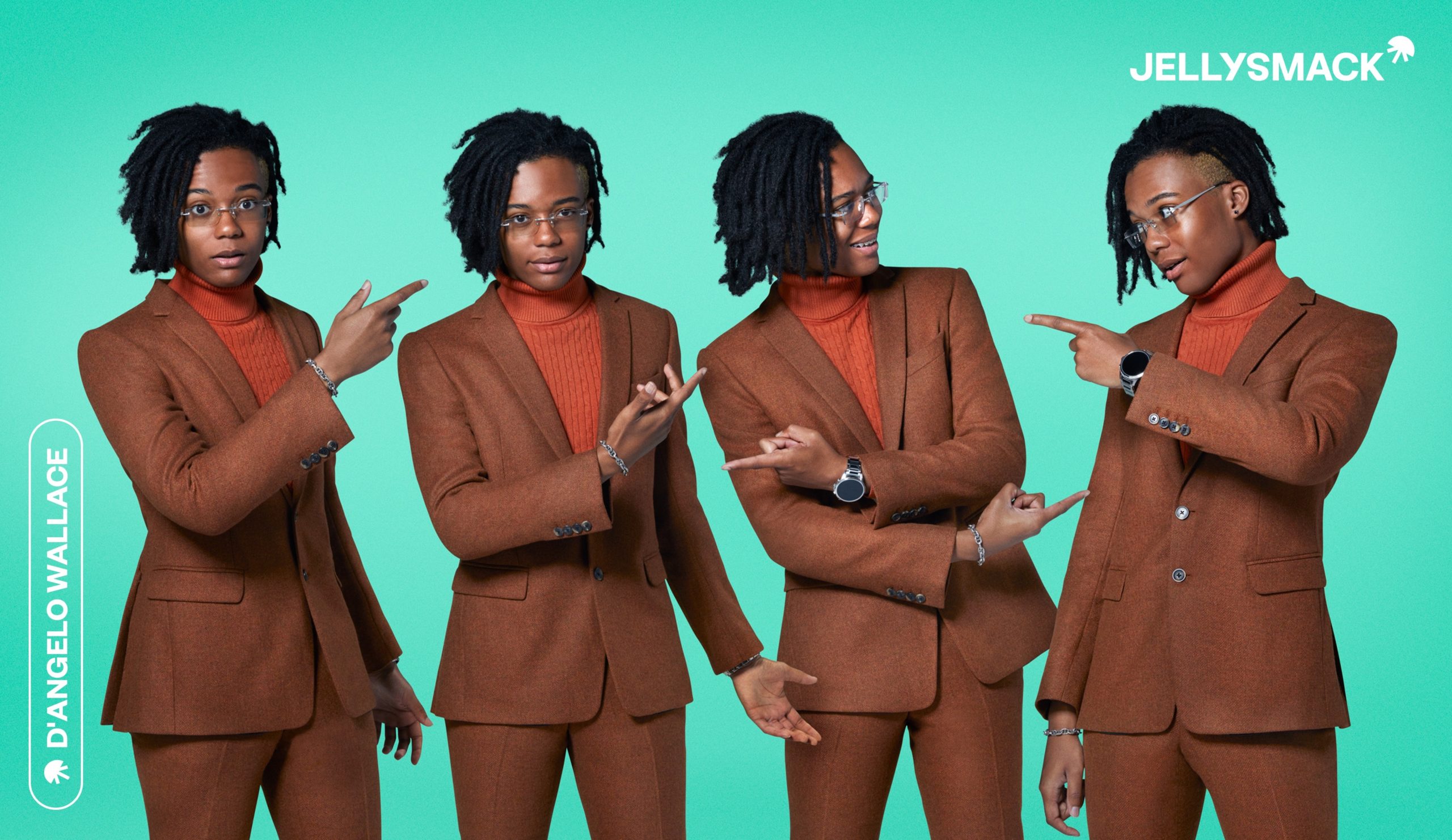 Creator DAngelo Wallace repeated four times pointing to each other on teal background.