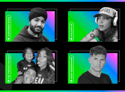 Portraits of four video creators in black and white on rainbow gradient backgrounds