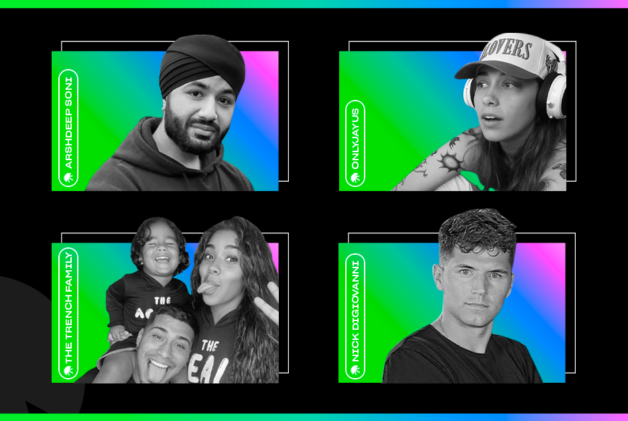 Portraits of four video creators in black and white on rainbow gradient backgrounds.