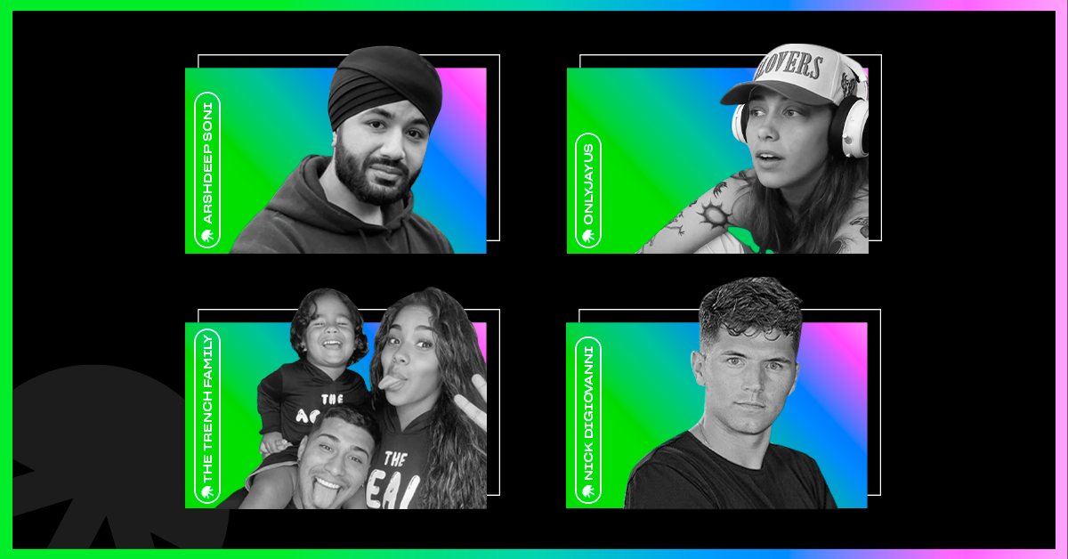 Portraits of four video creators in black and white on rainbow gradient backgrounds.