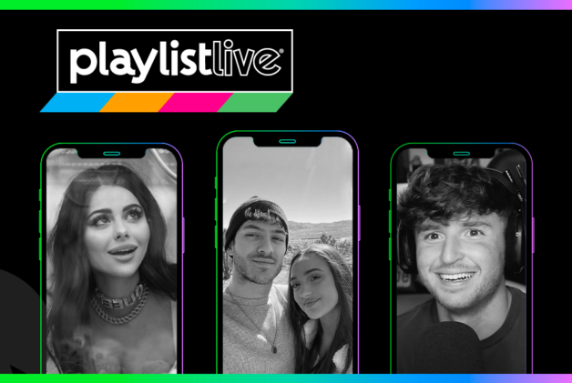 Black and white photos of three TikTok creators in the shape of an iPhone on black background with Playlist Live logo