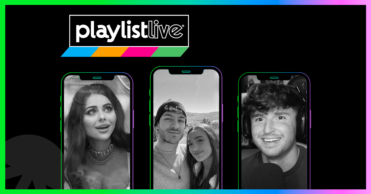 Black and white photos of three TikTok creators in the shape of an iPhone on black background with Playlist Live logo