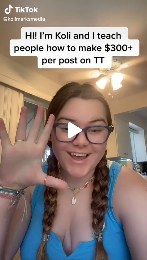 Portrait of TikTok creator Nicole marks smiling and waving hand reading Hi! I'm Koli and I teach people how to make $300+ per post on TT