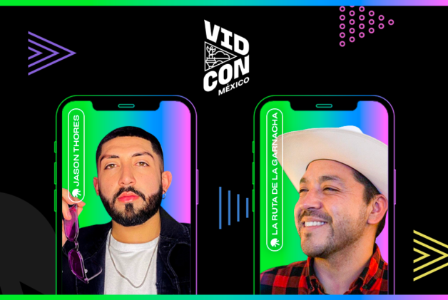 Creators Jason Thores and Lalo Villar on rainbow gradient background in shape of an iPhone with VidCon logo on black background.