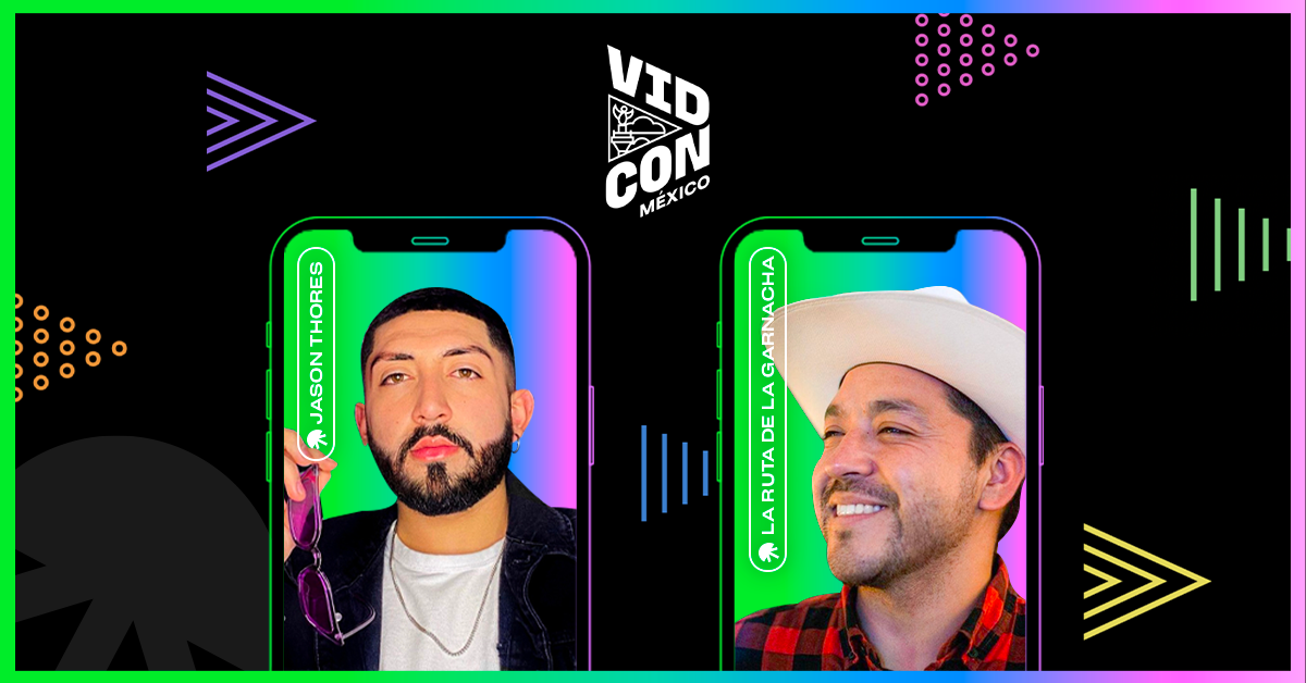 Creators Jason Thores and Lalo Villar on rainbow gradient background in shape of an iPhone with VidCon logo on black background
