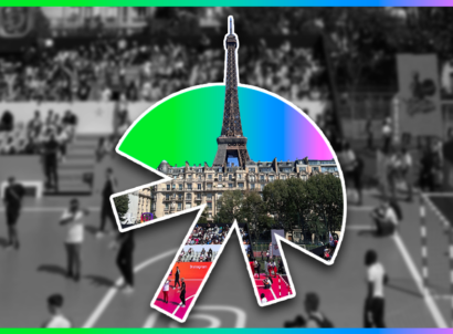 Blurry black and white image of football pitch with rainbow gradient jellyfish shape in the center featuring Eiffel Tower.