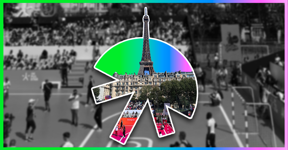 Blurry black and white image of football pitch with rainbow gradient jellyfish shape in the center featuring Eiffel Tower.