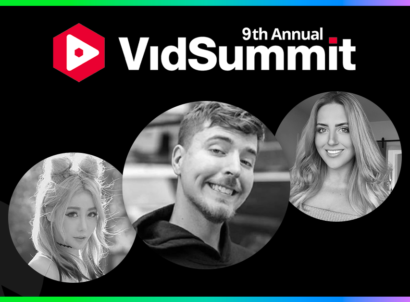 Circular black and white images of creators MrBeast, HopeScope and Wengie on black background with 9th annual VidSummit logo.