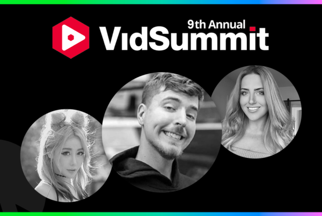 Circular black and white images of creators MrBeast, HopeScope and Wengie on black background with 9th annual VidSummit logo