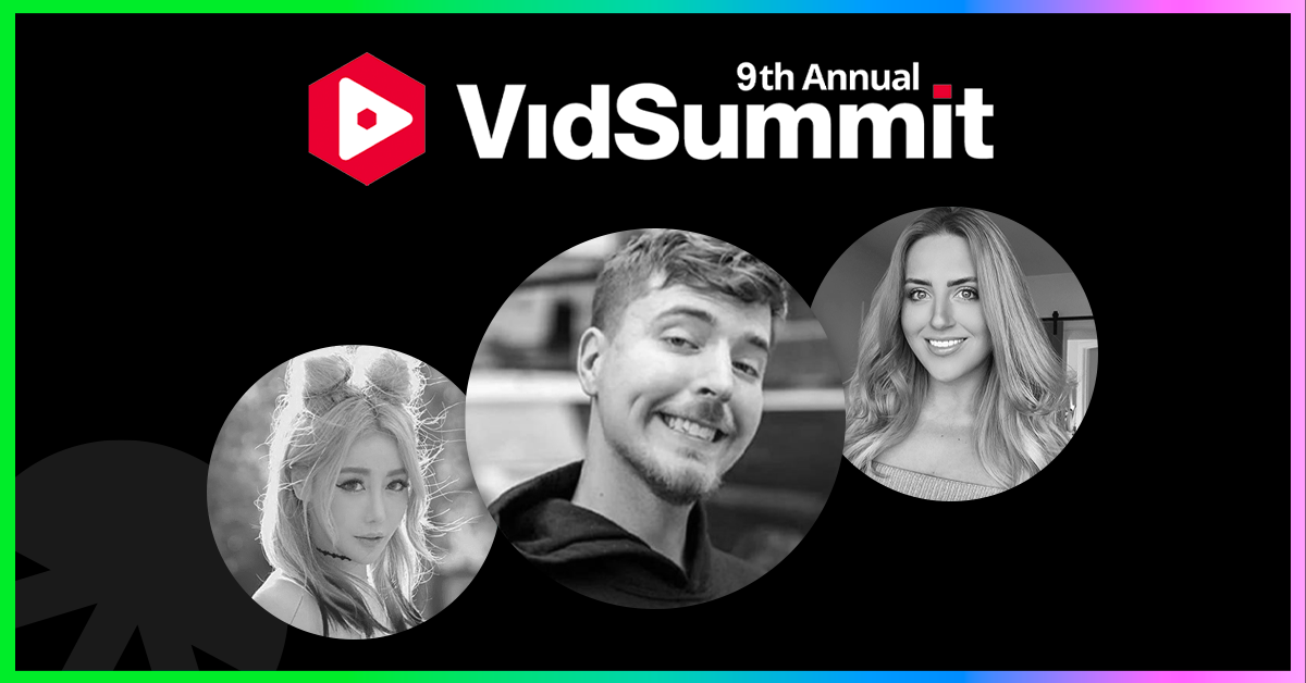 Circular black and white images of creators MrBeast, HopeScope and Wengie on black background with 9th annual VidSummit logo.