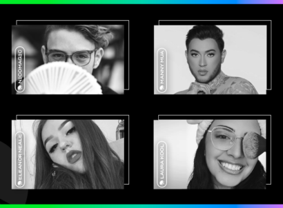 Creators NicoMagic, Manny MUA, Eleanor Neale and Laura Kool in black and white on a black background with rainbow gradient border.