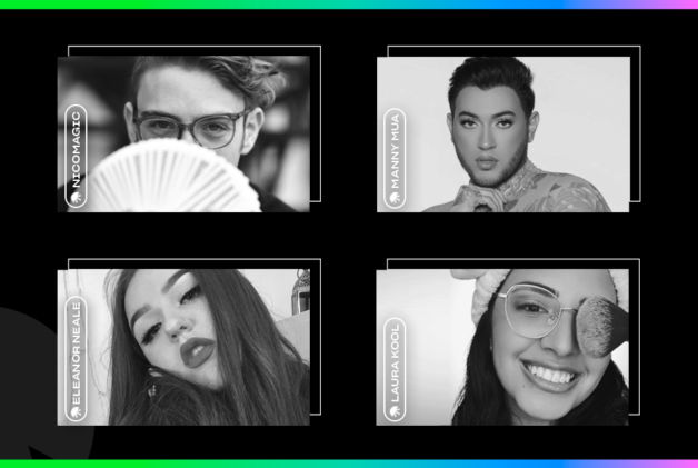 Creators NicoMagic, Manny MUA, Eleanor Neale and Laura Kool in black and white on a black background with rainbow gradient border.
