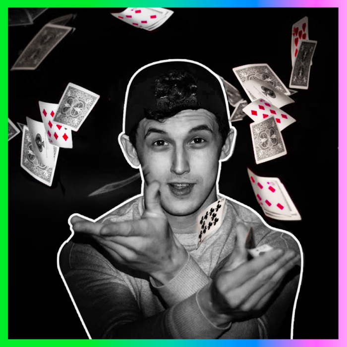 Black and white portrait of creator magician James Samuel throwing playing cards in the air with a rainbow gradient border