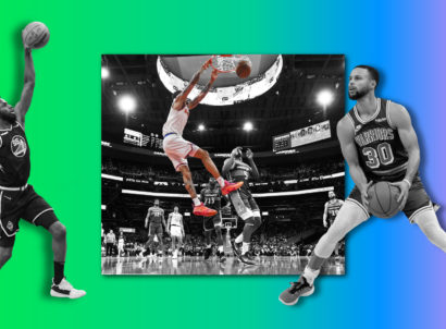 Basketball player scoring a slam dunk with two black and white players on top of rainbow gradient background.