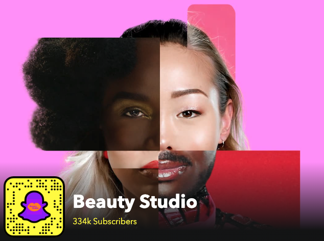 Collage of four different women's faces of different races with different makeup on a purple background with Snapchat logo and text Beauty Studio 334k subscribers
