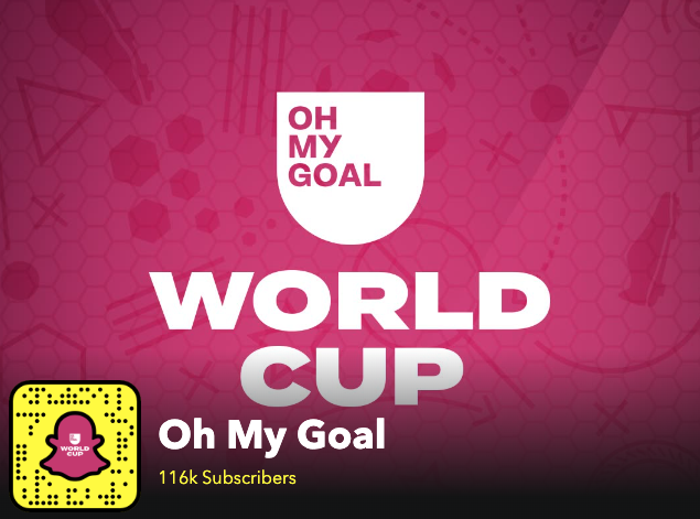 Oh My Goal logo with World Cup text and Snpachat logo on a pink patterned background